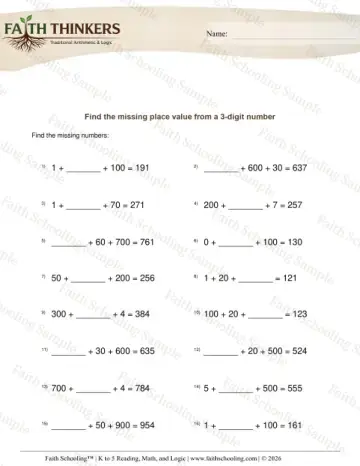 3rd Grade math worksheet — Missing Place Value 3 Digit Number 5