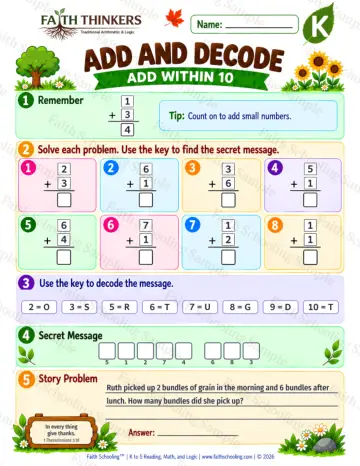 Kindergarten math worksheet — Addition as Joining Practice 5