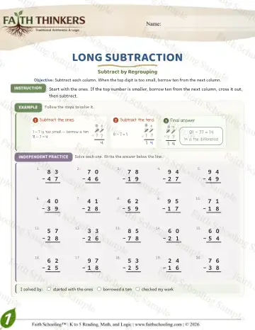 1st Grade math worksheet — Subtraction with Regrouping. Long Subtraction (Practice 5)
