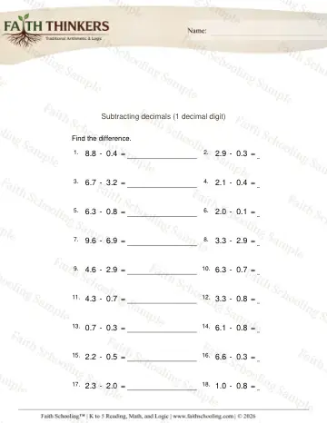 4th Grade math worksheet — Subtracting Decimals 1 Digit 3