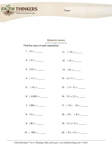 Grade 5 Math: Integers — worksheet preview