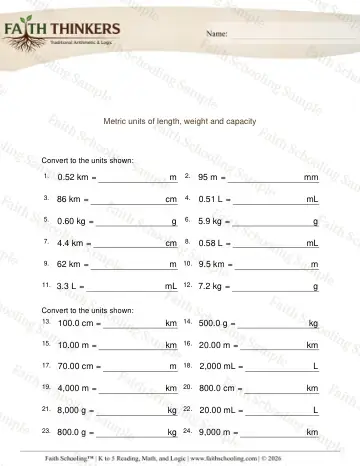 4th Grade math worksheet — Convert Metric Units Length Weight Capacity 6