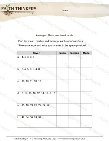 5th Grade math worksheet — Averages Mean Median Mode 4