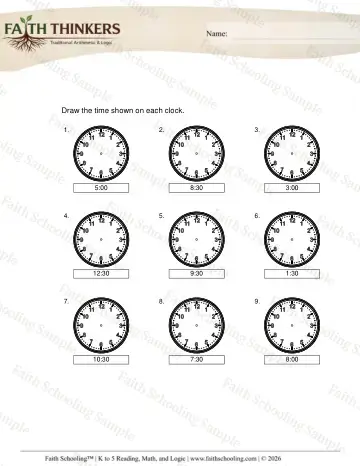 1st Grade math worksheet — Telling Time Half Hours 5