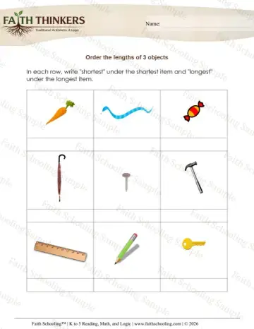1st Grade math worksheet — Comparing and Ordering Sizes. Measurement Longest Shortest 1