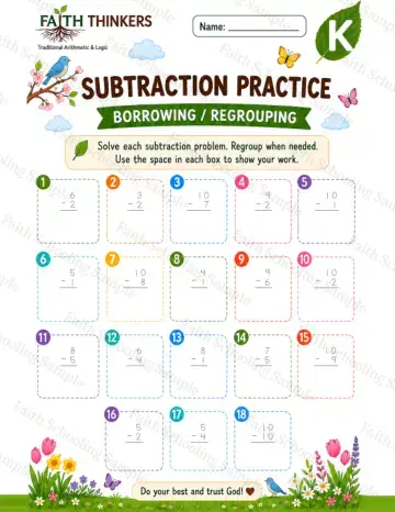 Kindergarten math worksheet — Spring Subtraction Practice 8