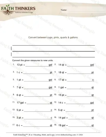 3rd Grade math worksheet — Converting Units. Converting Cups Pints Quarts Gallons Hard 4