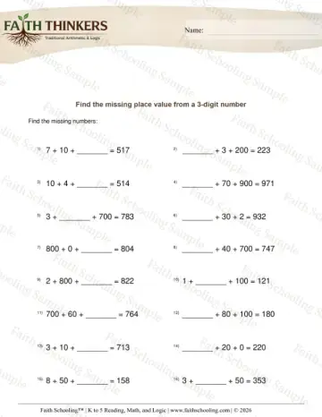 3rd Grade math worksheet — Missing Place Value 3 Digit Number 6