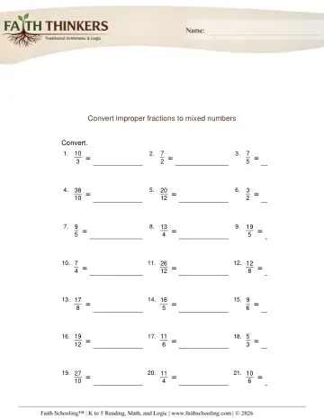 Grade 4 Math: Mixed Numbers Improper Fractions — worksheet preview