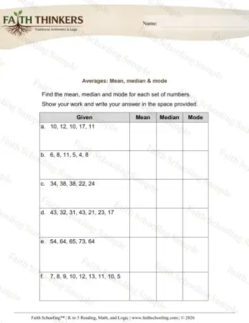 5th Grade math worksheet — Averages Mean Median Mode 5
