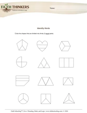 Grade 2 Math: Halves Thirds Quarters — worksheet preview