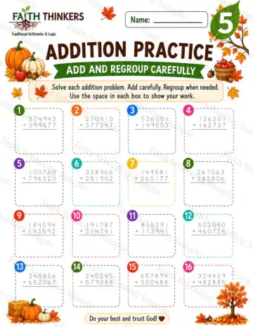 5th Grade math worksheet — Fall Addition Practice 8