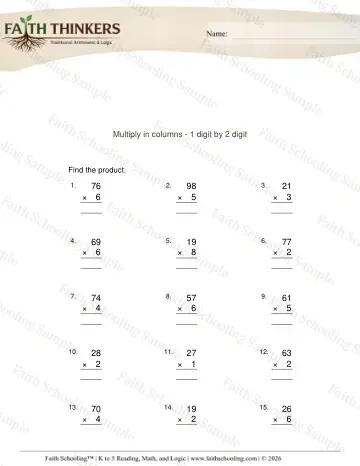 3rd Grade math worksheet — Multi-Digit Multiplication. Multiply Columns 1 Digit 2 Digit 5
