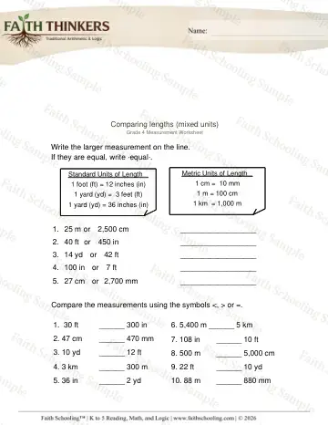 4th Grade math worksheet — Compare Lengths 4