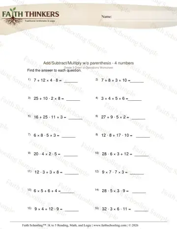 4th Grade math worksheet — Order Operations Add Sub Mult 4 Without 3