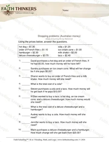 3rd Grade math worksheet — World Currencies. Australian Money 2