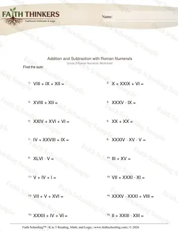 3rd Grade math worksheet — Roman Numerals Add Subtract 2