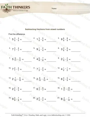 3rd Grade math worksheet — Subtracting Fractions from Mixed Numbers 7