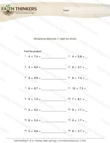 5th Grade math worksheet — Multiplying Decimals 1 Digit by Whole Numbers 2