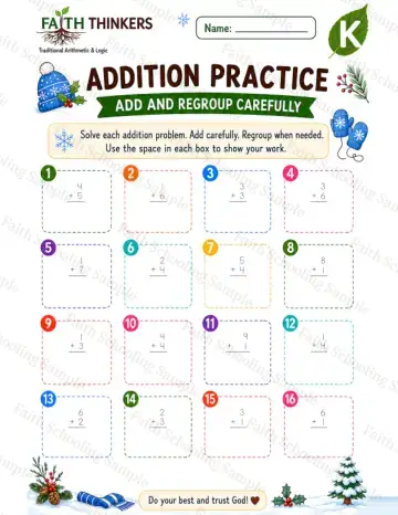 Kindergarten math worksheet — Winter Addition Practice 5