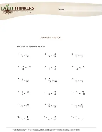 Grade 4 Math: Equivalent Simplifying Fractions — worksheet preview
