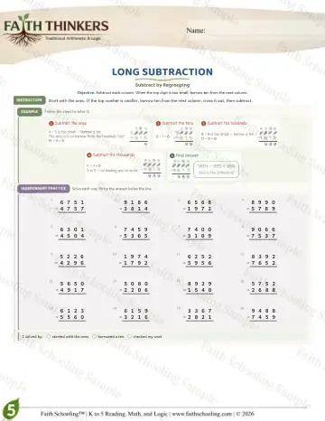 5th Grade math worksheet — Subtraction with Regrouping. Long Subtraction (Practice 8)