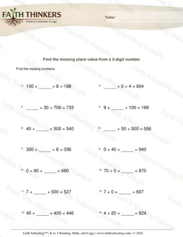 2nd Grade math worksheet — Find Missing Place Value from 3 Digit Number 8