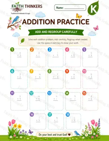 Kindergarten math worksheet — Spring Addition Practice 7