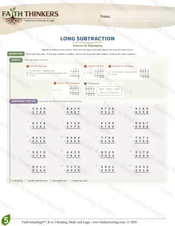 5th Grade math worksheet — Subtraction with Regrouping. Long Subtraction (Practice 7)