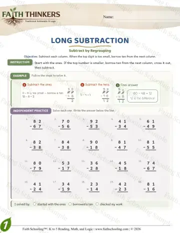 1st Grade math worksheet — Subtraction with Regrouping. Long Subtraction (Practice 7)