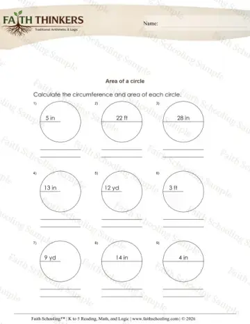 5th Grade math worksheet — Perimeter and Area. Area of Circles 8