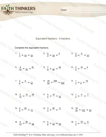 3rd Grade math worksheet — Equivalent 3 Fractions 5