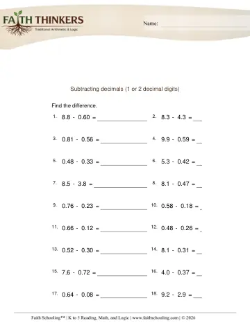 Subtracting Decimals Digit 1