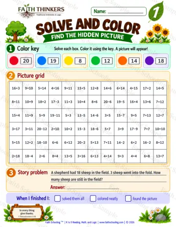 1st Grade math worksheet — Solve And Color Practice 7