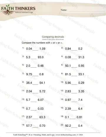 4th Grade math worksheet — Comparing and Ordering Decimals. Compare Decimals 2