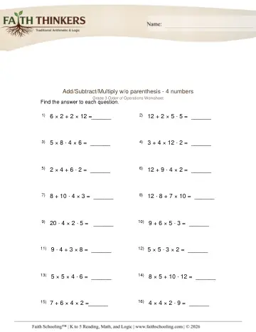Order Operations Add Sub Mult 4 Without 1