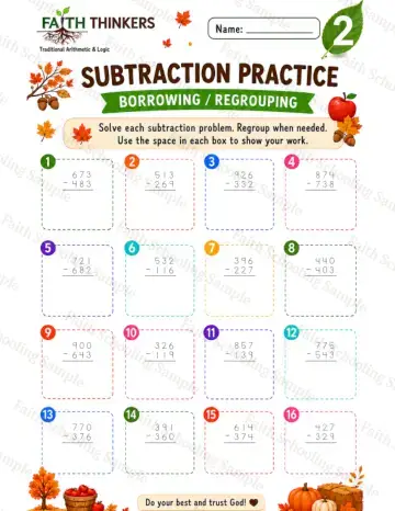 2nd Grade math worksheet — Fall Subtraction Practice 6