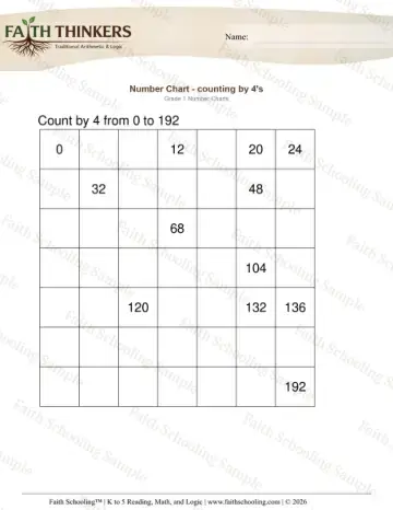 1st Grade math worksheet — Skip Counting. Counting by 4s 3