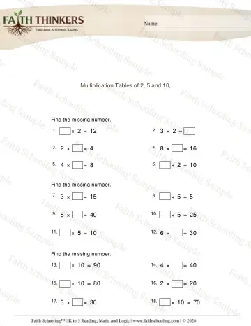 3rd Grade math worksheet — Times Tables and Facts. Multiplication Table 2 5 10 Missing Factor 4