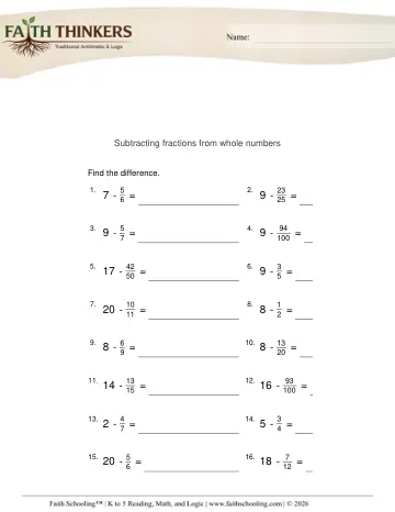 Subtracting Fractions from Whole Numbers 1