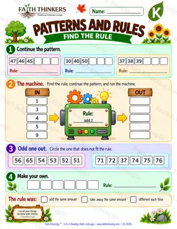 Kindergarten math worksheet — Patterns And Rules Practice 5