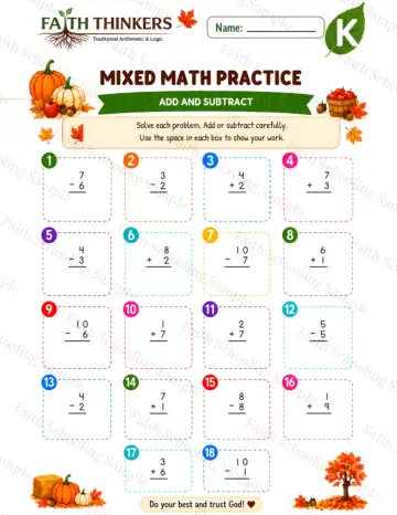 Kindergarten math worksheet — Fall Mixed Practice 9
