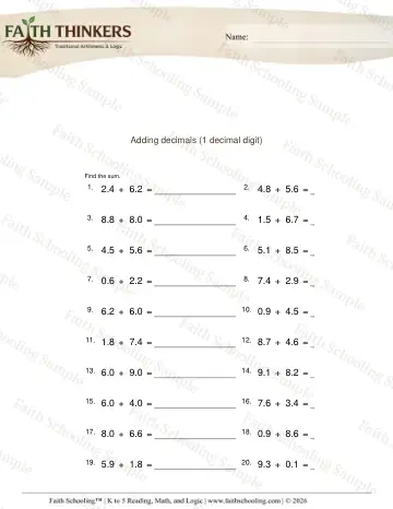 4th Grade math worksheet — Adding Decimals 1 Digit 3