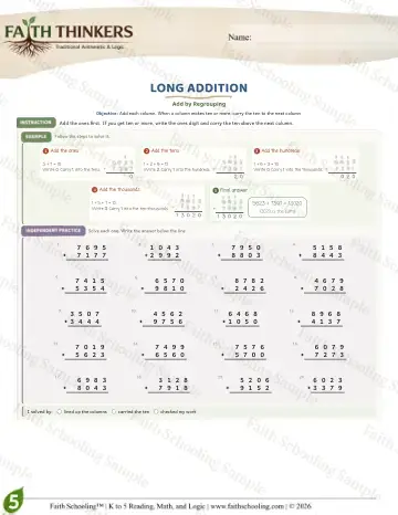 5th Grade math worksheet — Addition with Regrouping. Long Addition (Practice 9)