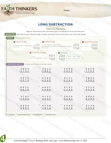 4th Grade math worksheet — Subtraction with Regrouping. Long Subtraction (Practice 7)