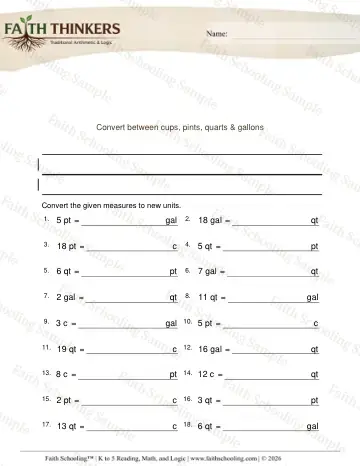 3rd Grade math worksheet — Converting Units. Converting Cups Pints Quarts Gallons Hard 2