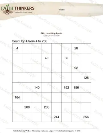 2nd Grade math worksheet — Skip Counting. Counting by 4s 4