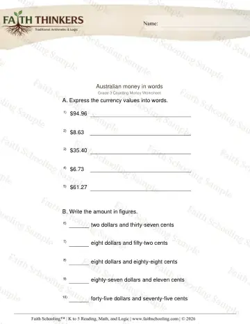 3rd Grade math worksheet — World Currencies. Australian Money 5