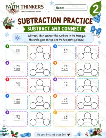 2nd Grade math worksheet — Winter Subtract And Connect Practice 4