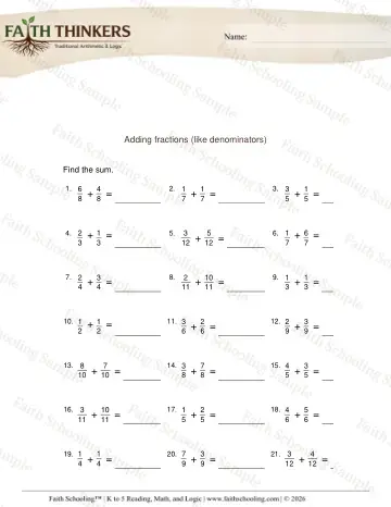 3rd Grade math worksheet — Adding Fractions Like Denominators 5